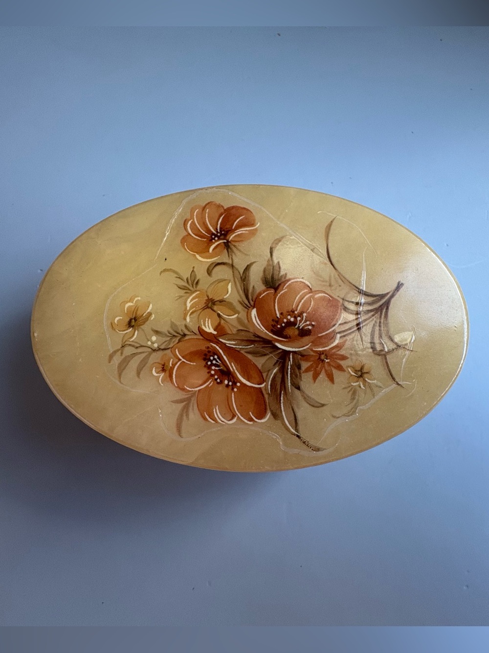 Vintage Italian Alabaster Hand-Painted Floral Trinket Box